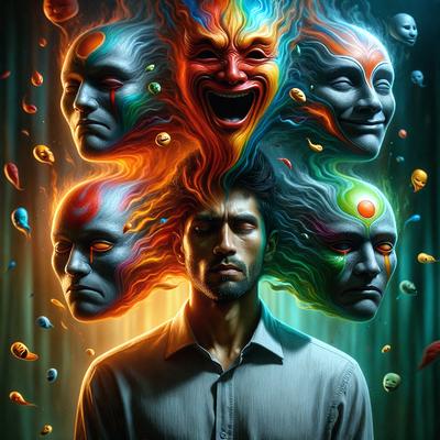 The primary subject of the image is a man with a frowning expression. He is surrounded by a variety of faces, including a smiling face and a face with a frowning expression. The setting appears to be a colorful and artistic environment, possibly a painting or a digital artwork. The visual style suggests that the image is a digital art or illustration, with a vibrant and creative color palette. The overall atmosphere of the image is one of emotional depth and complexity, as the man's facial expression is juxtaposed against the various faces surrounding him.